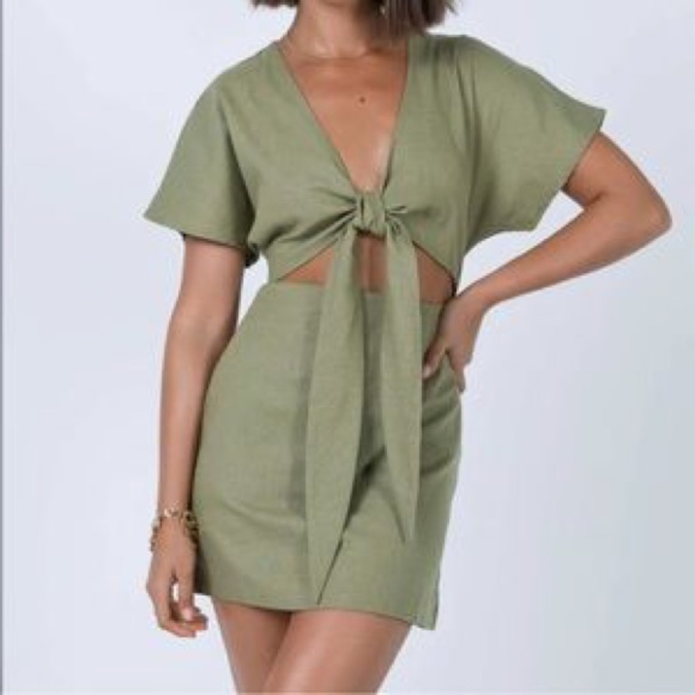 NWOT Princess Polly Kiss Land Tie Front Mini Dress Khaki